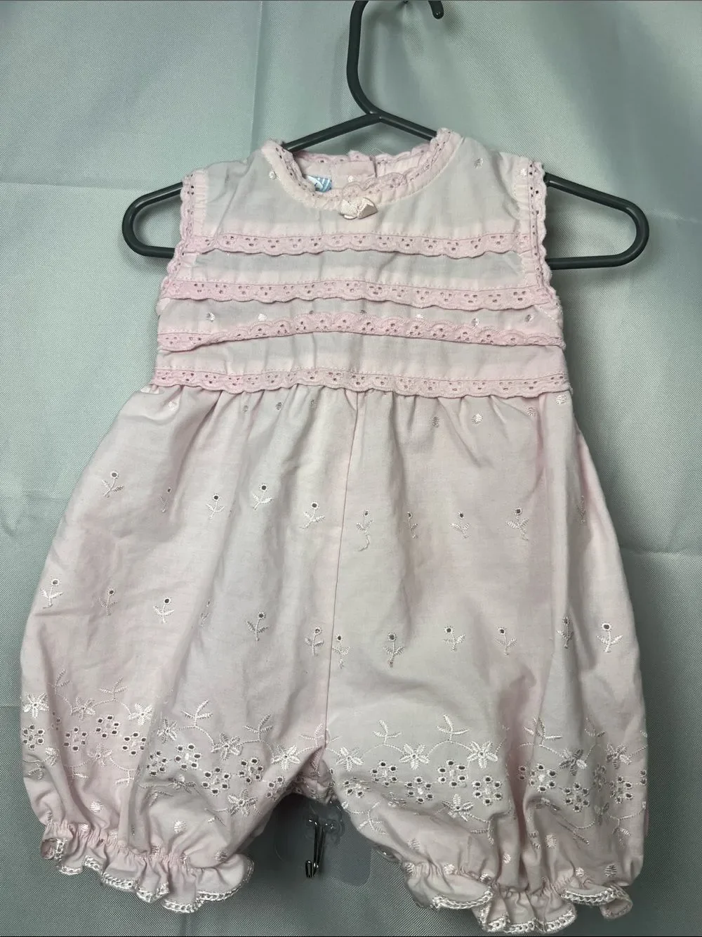 Baby Grand Pink eyelet bubble romper with ruffle accents size 9 months